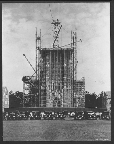 Black and white photo of Duke Chapel under construction